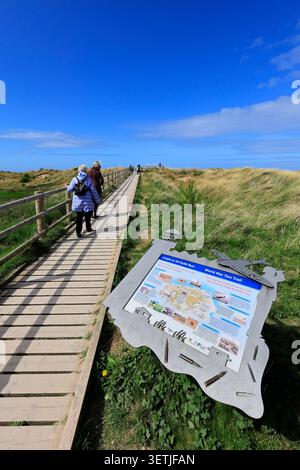 Wanderer auf dem Wales Coast Path, Talacre Beach, Talacre Village, Flintshire, Nordwales, Großbritannien. Stockfoto