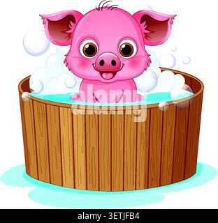 Karikaturvektor-Illustration eines lächelnden Ferkels, das in einer Holzwanne mit Blasen badete. Stock Vektor