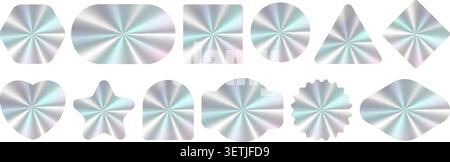 Mockups von holografischen Aufklebern. Etiketten in verschiedenen Formen. Holografie-Tags mit radialem metallischem Farbverlauf. Garantiekarte-Designs auf weißem Hintergrund Stock Vektor