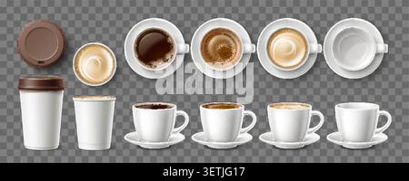 Zum Mitnehmen von Kaffeetassen. Realistische Porzellanbecher für heiße Getränke. 3D-Blankomodelle von Einweg-Cappuccino-Gläsern aus Karton mit Kunststoffdeckel. Registerkarte Barista Stock Vektor