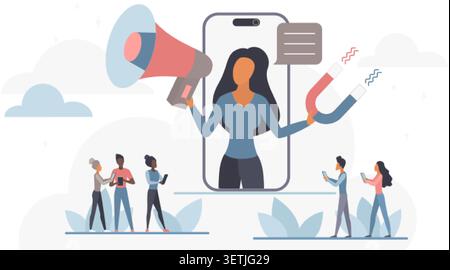 Frau, die aus dem Smartphone mit Megaphon und Magnet auftaucht, zieht winzige Menschen mit mobilen Geräten an, zeigt Einfluss auf soziale Medien, Publikumsinteraktion isoliert auf weißen Hintergrund Vektor-Illustration Stock Vektor