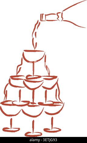 Handgezeichnete Champagnerturm-Pyramide mit Wein aus einer Flasche isoliert auf weiß. Ein skurriler Pinselstrich feiert Illustration für Wedding Re Stock Vektor