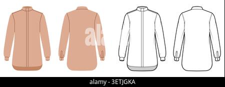 Klerikhemd mit Mandarinkragen, sauberer Knopfleiste, langen Ärmeln und minimalistischer Silhouette mit strukturierten Linien und glatten Nähten. Illustration technischer Mode in Schwarzweiß und Farbe, Vorder- und Rückansicht. Vektor Stock Vektor