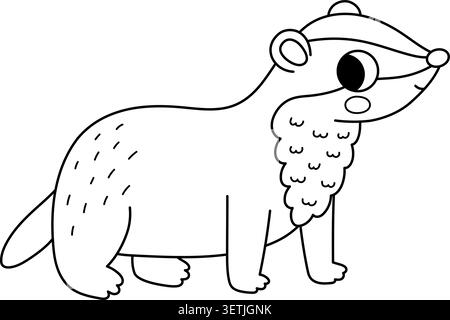 Vektor-schwarz-weiß Cartoon Dachs isoliert auf weißem Hintergrund. Lustige Linie, animalisches Clipart. Niedliches Waldtier-Symbol für Kinder. Wald umreißen Stock Vektor