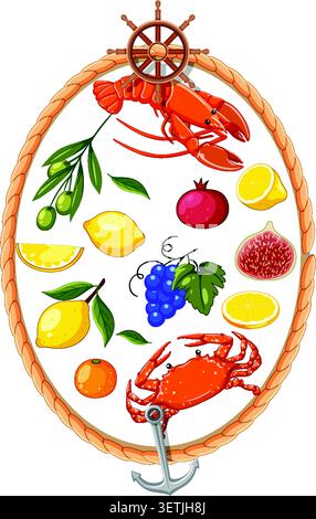 Flache Vektor-Illustration von Hummer, Krabbe und Zitrusfrüchten innerhalb eines Seilrahmenrahmens. Stock Vektor