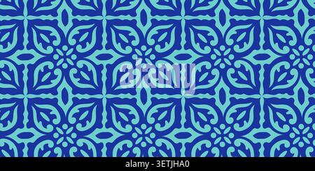 Nahtloses Tunesien ornamentales Vektormuster in Blau- und Türkistönen mit geometrischen Blumenmotiven. Elegantes abstraktes Design, inspiriert von traditionellem A Stock Vektor