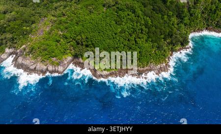 Üppig grüner Wald trifft auf felsige Küste mit Wellen, die gegen die Felsen krachen. Seychellen, Mahe. Stockfoto