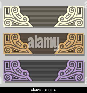 Vektorsatz von Header-Vorlagen, 3 blassfarbige Vintage-Banner mit Monogramm auf grauem Hintergrund, drei horizontale Header-Layouts mit kunstvollem Design für Stock Vektor