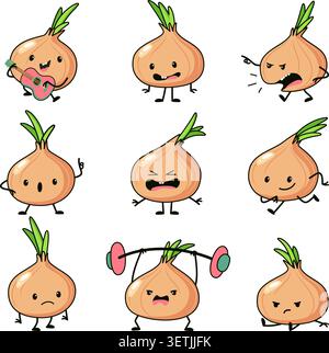 Kawaii Zwiebelfiguren. Frische Zwiebeln in verschiedenen Positionen und Ausdrucksformen. Lustiges Gemüse-Maskottchen für Verpackung, Dekoration, Bauernhof-Food-Werbung. Cartoon heutzutage Stock Vektor