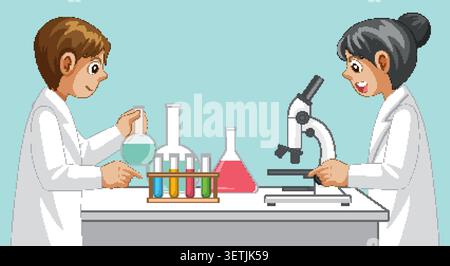 Karikaturabbildung von Kindern in Labormänteln mit Mikroskop und bunten Chemikalienkolben Stock Vektor
