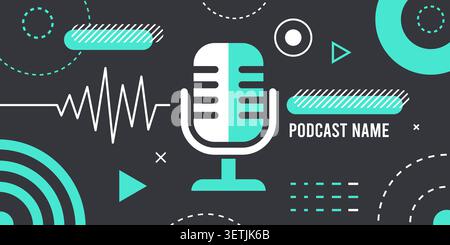 Podcast-Webbanner. Studio Mikrofon Sprachaufzeichnung, Internet Radio Audioübertragung Live Stream Online Video Interview Social Media Mikrofon Banner Design qualitative Vektor Illustration Original Kunstwerk Stock Vektor