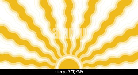 Grooviger, Hippie, Retro-Sonne Hintergrund. Abstrakte, handgezeichnete Doodle-Sonnenformen im trendigen kindlichen, naiven Kunststil. Horizontal gewelltes Sommerposter, Stock Vektor