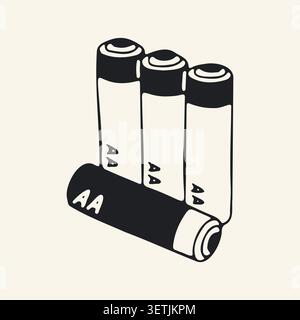 Handgezeichnete Vektordarstellung einer einzelnen AA-Batterie. Einfache schwarz-weiße Kritzelung einer Energiezelle mit Plus- und Minus-Symbolen für die Stromversorgung Stock Vektor