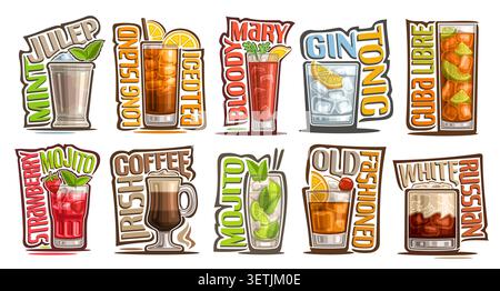 Vector Cocktails Set, Sammlung von 10 isolierten Illustrationen bunte gemischte Cocktails im Tumbler und Rocks Gläser mit Eiswürfeln, kalt exotisch frisch Stock Vektor
