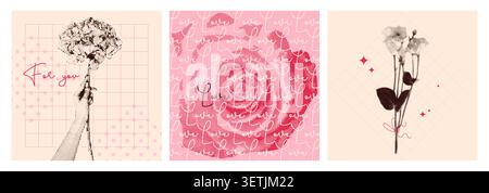 Y2K Vintage Collage Poster mit Rosen, handgezeichnete Liebeskritzeleien und Halbtontexturen, abstrakte Vektor-Pop-Art Hintergründe. Romantische valentinstag-Karten mit Blumen, Retro-Ästhetik Stock Vektor