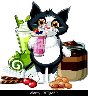 Eine süße Smoking-Katze genießt einen Smoothie zwischen Matcha-Kuchen, Schokoladenaufstrich und Erdnüssen Stock Vektor