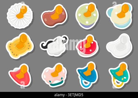 Illustration zum Thema großes farbiges Set Babyschnuller, Dummy mit Gumminippel, Babyschnuller bestehend aus Sammlung für Neugeborene, guter Dummy Sauger, Stock Vektor