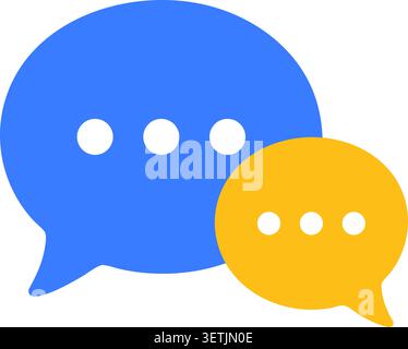 Flache Abbildung einer großen blauen Sprechblase und einer kleineren gelben Sprechblase mit jeweils drei weißen Punkten Stock Vektor
