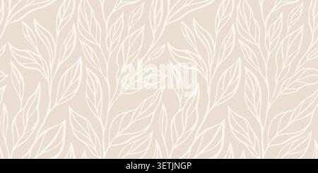 Eleganter botanischer Hintergrund mit nahtlosen Blattarrangements in weichem Elfenbeinbeige. Minimalistisches Blumendesign ideal für Modedrucke und Organisches Stock Vektor