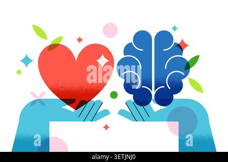 Vektor flache geometrische Illustration menschlicher Hände, die rotes Herz und blaues Gehirn auf weißem Hintergrund halten. Grafisches Designkonzept für mentale h Stock Vektor