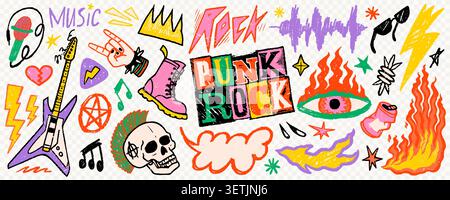 Punk Rock Doodle Sticker Set mit Musikelementen, Gitarre, Schädel und Feuer in bunten handgezeichneten Stil auf transparentem Hintergrund wie PNG Stock Vektor