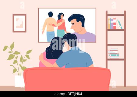 Paare schauen fern. Junge Erwachsene Familie, die gemeinsam Kino im Wohnzimmer sieht. Freizeit, Hobby oder Entspannung mit Partner zu Hause, aktuelle Vektorszene Stock Vektor