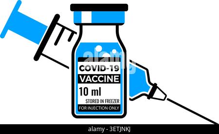 Covid 19 Coronavirus-Impfstoff. Medizinische Einwegspritze mit einer Flasche Coronavirus-Impfstoff. Covid-19 Corona-Virus-Impfung mit Vaccinfläschchen und Stock Vektor