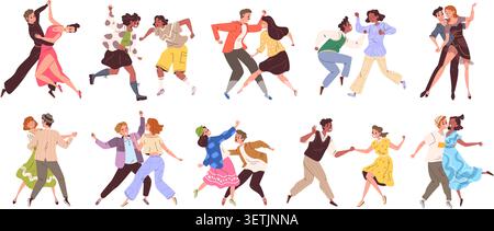 Tanzendes Paar. Zwei Partner Tänzer latin Ballroom Tango Salsa Bachata Walzer Swing Step Performance Moderne Tanz Spaß Freude Musik romantisches Paar glückliche Leute klassisch Vektor Illustration Original Kunstwerk Stock Vektor