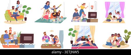 Familienaktivitäten. Eltern spielen Kind Kind Kind Brettspiel, lesen Buch Zeichnen zusammen kochen glückliche Mutter Vater Sohn Tochter verbringen Zeit Couch Entspannung Freizeit Klasse Vektor Illustration Original Kunstwerk Stock Vektor