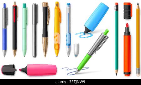 Stift realistisch. Schulpapier liefert Büro Schreibwerkzeug, 3D metallische Gelschreiber Marker hölzerne mechanische Bleistifte Malerei Ausbildung isoliert grell Vektor Illustration Original Kunstwerk Stock Vektor