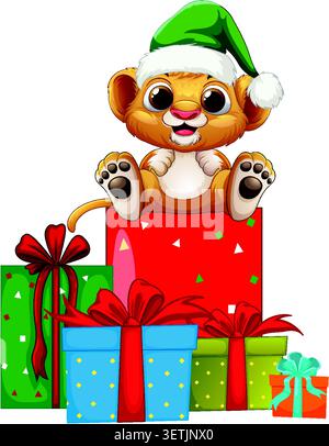 Niedliches Karikatur-Löwenjunge mit grünem Hut sitzt auf einem Haufen farbenfroher Geschenke. Stock Vektor