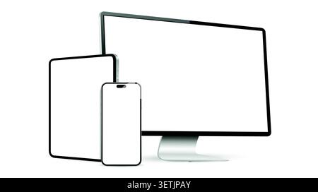Desktop-Computer, Tablet-pc und Mobiltelefon Bildschirm Mockup. Digitale Geräteelemente auf weißem Hintergrund isoliert. Vektorabbildung. Stock Vektor