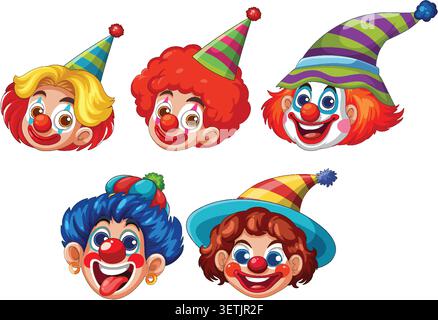 Fünf lebendige Comic-Clown-Köpfe mit übertriebenen Ausdrücken und festlichen Partyhüten auf weißem Hintergrund. Stock Vektor