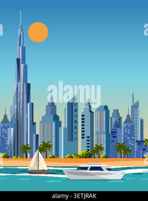 Moderne Küstenstadt Skyline Vektor Illustration beinhaltet Wolkenkratzer, Luxusboote und tropische Palmen Stock Vektor