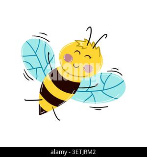 Niedliche Happy-Biene-Figur im fröhlichen, flachen Cartoon-Stil. Leuchtende gelbe und schwarze Insektenillustration, perfekt für Kinderdekor, Bildungsprojekte Stock Vektor