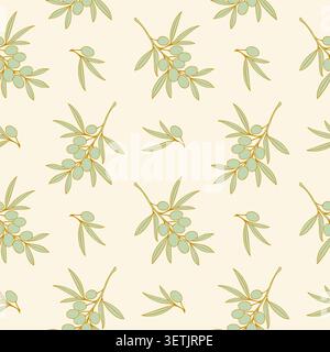 Nahtlose Olivenzweigmuster Vektor-Illustration für organische Kosmetikverpackungen und mediterrane Küche Textildesign mit Olivgrün und W Stock Vektor