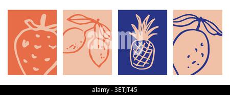 Vektorkarte Set mit Erdbeere, Zitronen, Ananas Stock Vektor