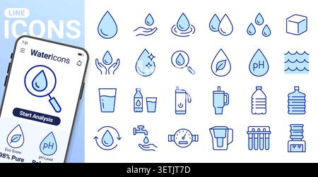 Wasser, Hydration, Liniensymbole gesetzt. Intelligente Flasche, wiederverwendbarer Tumbler, Filtrationssystem, pH-Test, Eco Tropfen flach minimale Vektorabbildungen. Einfach Stock Vektor