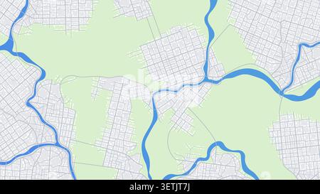 Stadtplan mit weißer Straße, grünen Parkzonen und gewundenen blauen Flüssen. Vektorabbildung. Stock Vektor