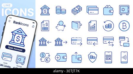 Bankwesen, Fintech-Liniensymbole eingestellt. Mobile Zahlung, NFC, Kryptowährung, QR-Code, Barrechnung, einfache minimale Vektorabbildungen für banküberweisungen. Einfach Stock Vektor
