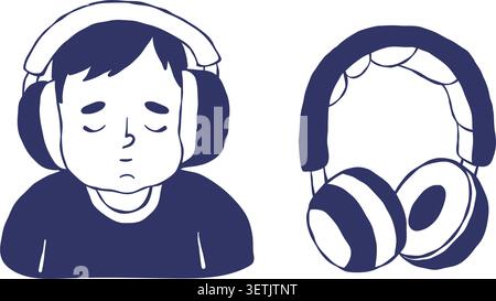 Sensorische Kinderkopfhörer und Set mit Jungen-Charakteren. Isoliertes blaues, handgezeichnetes ruhiges Kind im Noise Cancelling-Headset für Autismus, mentalen Komfort und Isolatio Stock Vektor