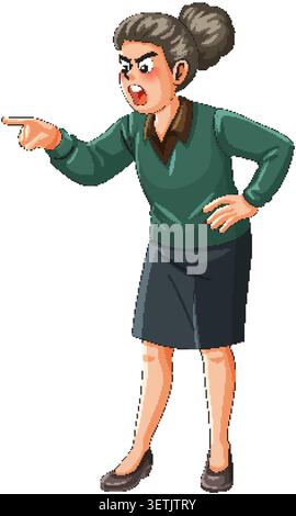 Vektor-Illustration einer wütenden Frau, die schimpfend, vorwärts zeigt, isoliert auf weißem Hintergrund Stock Vektor