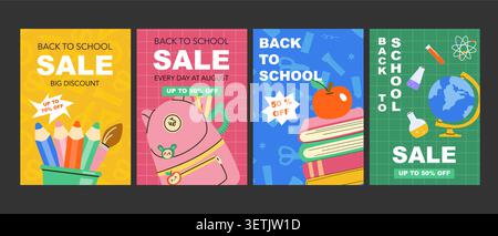 Back-to-School-Cover-Set. Posterschablone im modernen Stil. Kindergarten-Schreibwaren, Chemie-Elemente und Globus, Buch und Schultasche BA Stock Vektor