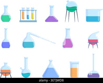 Comic Chemieausrüstung. Reagenzgläser mit verschiedenen Flüssigkeiten, Messbecher aus Glas. Chemie, Physik, Biologie, Medizin, genetisches Labor, sapid Stock Vektor