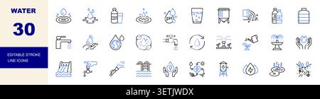 Bearbeitbare Symbole für Wasser und Hydration: Konturlinie. Wassertropfen, Wasserhahn, Trinkwasser, Brunnen und Wasserschutz Vektor-Illustration Stock Vektor