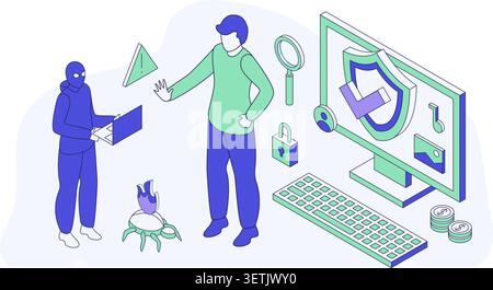 Schutz vor isometrischem Betrug. Persönliche Daten sicher, Antiviren-wirksam. Dieb mit Laptop möchte Spyware implementieren, um Informationen und Dokumente zu stehlen Stock Vektor