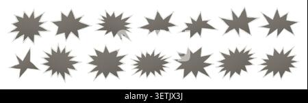 Satz von grauen Sternburst-Abzeichenformen in verschiedenen Größen und Stilen, isoliert auf weißem Hintergrund, nützlich für Verkaufsetiketten, Aufkleber, Symbole, Design Stock Vektor