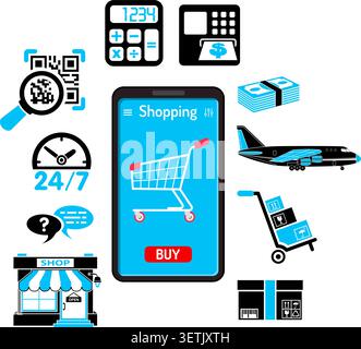 Infografiken des Internet Shopping Concept mit zwei farbigen flachen Symbolen, z. B. Geschäft, Lieferung, Smartphone. Isolierte Vektordarstellung Stock Vektor