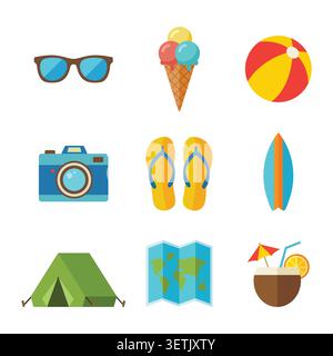 Sommer- und Strandurlaub-Wohnung-Symbol-Set Stock Vektor