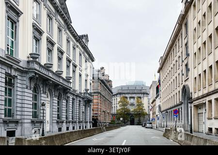 Blick auf die Straße mit Blick auf die charmante leere Brüsseler Straße mit geparkten Autos, historischen Gebäuden und Herbstbäumen. Urbaner Charme und lokale Atmosphäre Stockfoto